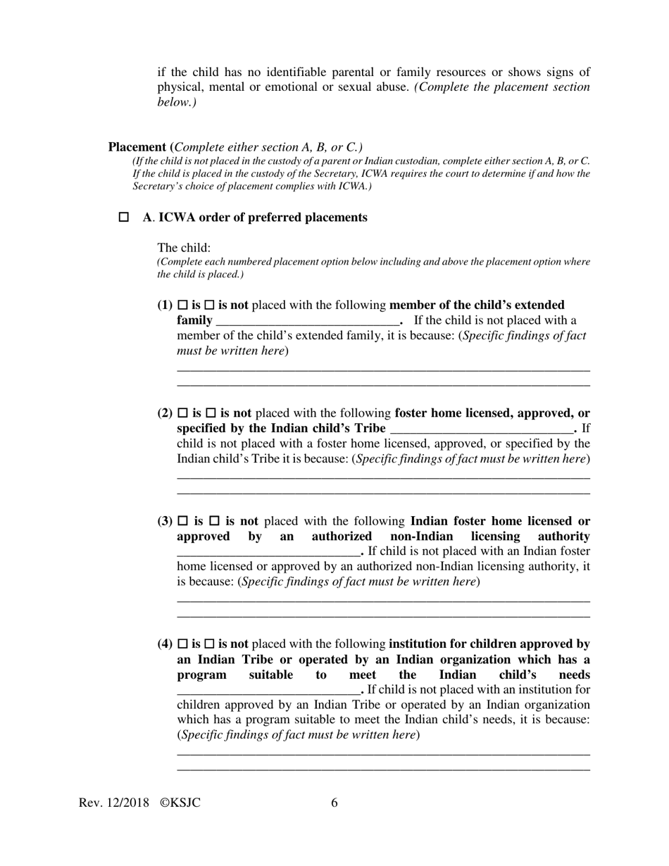 Form 215.1 Indian Child Welfare Act Journal Entry and Order of Adjudication - Kansas, Page 6