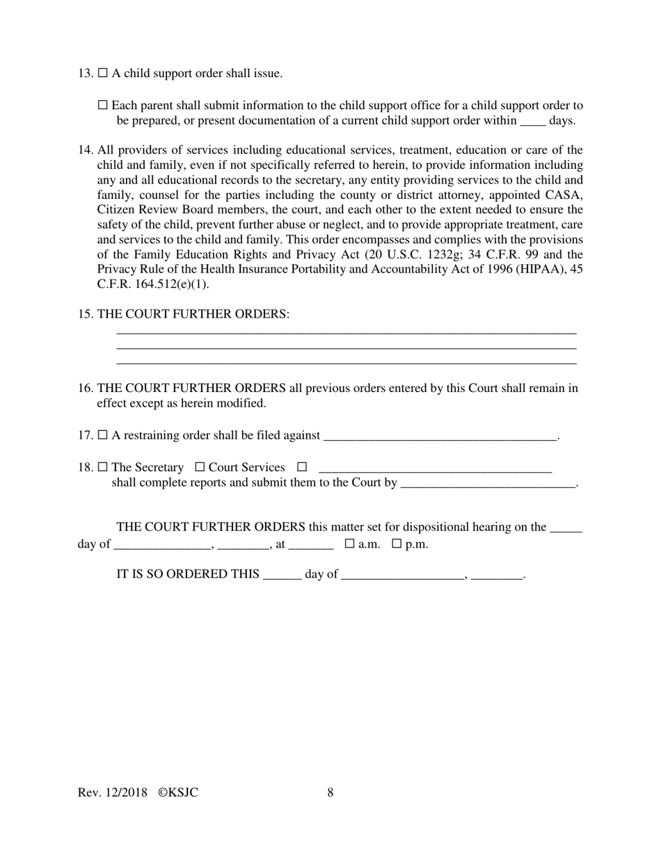 Form 215.1 Indian Child Welfare Act Journal Entry and Order of Adjudication - Kansas, Page 8