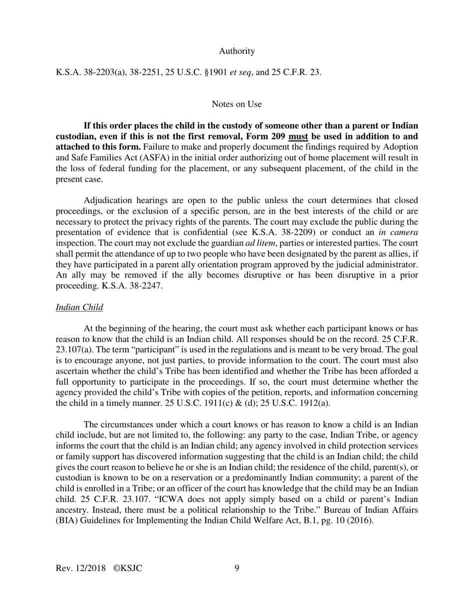 Form 215.1 Indian Child Welfare Act Journal Entry and Order of Adjudication - Kansas, Page 9