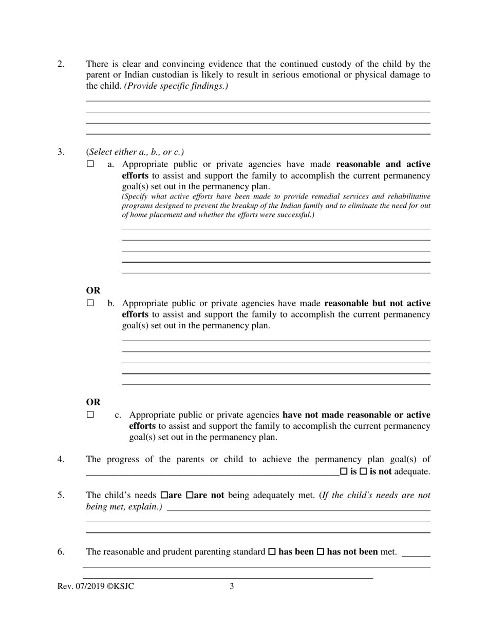 Form 219.1 Indian Child Welfare Act Permanency Hearing Journal Entry and Order - Kansas, Page 3