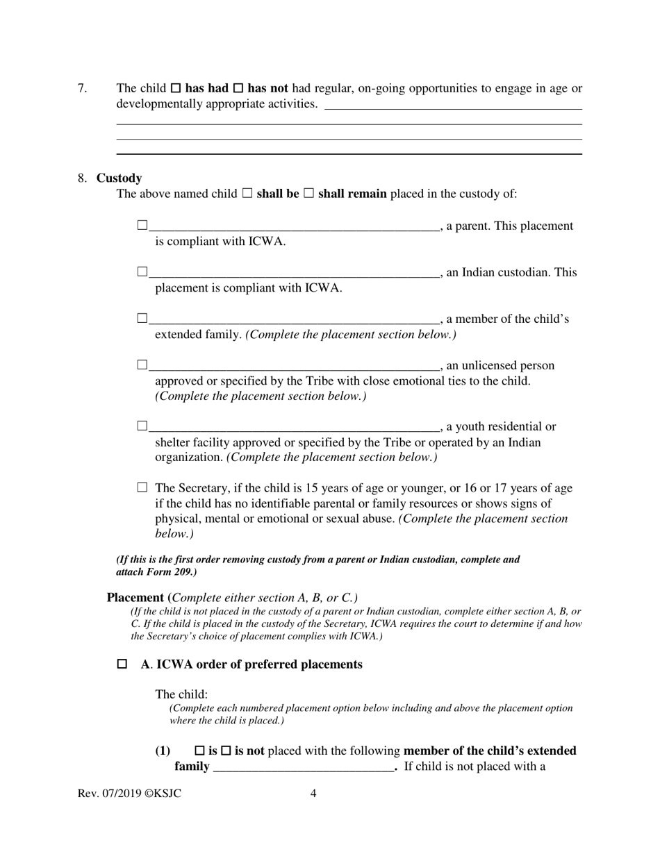 Form 219.1 Indian Child Welfare Act Permanency Hearing Journal Entry and Order - Kansas, Page 4