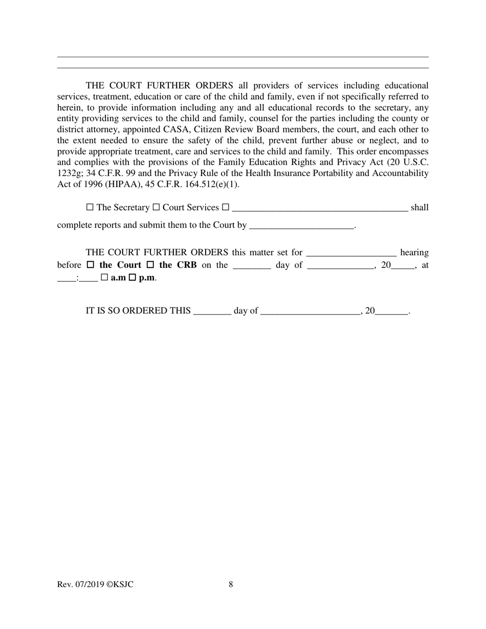 Form 219.1 Indian Child Welfare Act Permanency Hearing Journal Entry and Order - Kansas, Page 8