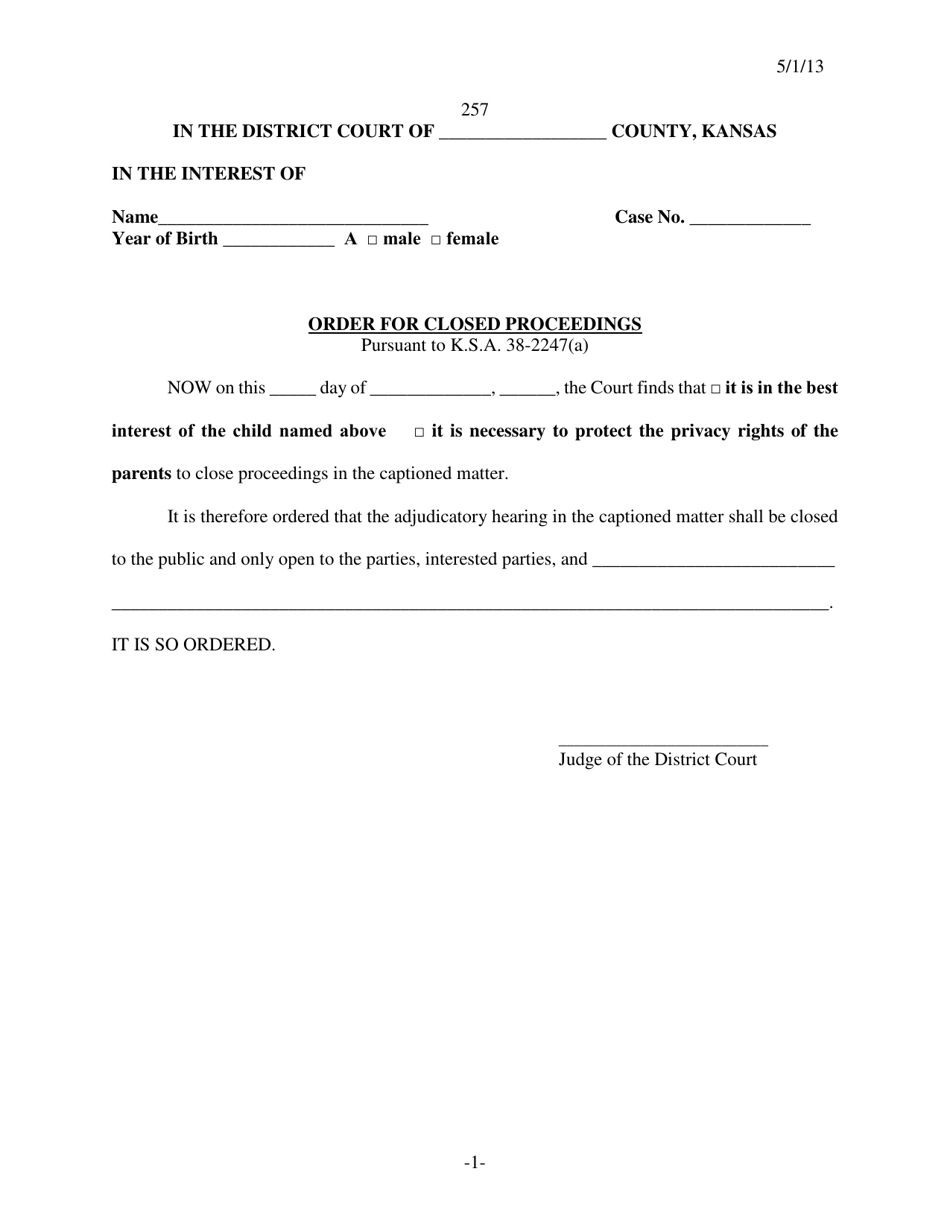 Form 257 Order for Closed Proceedings - Kansas, Page 1