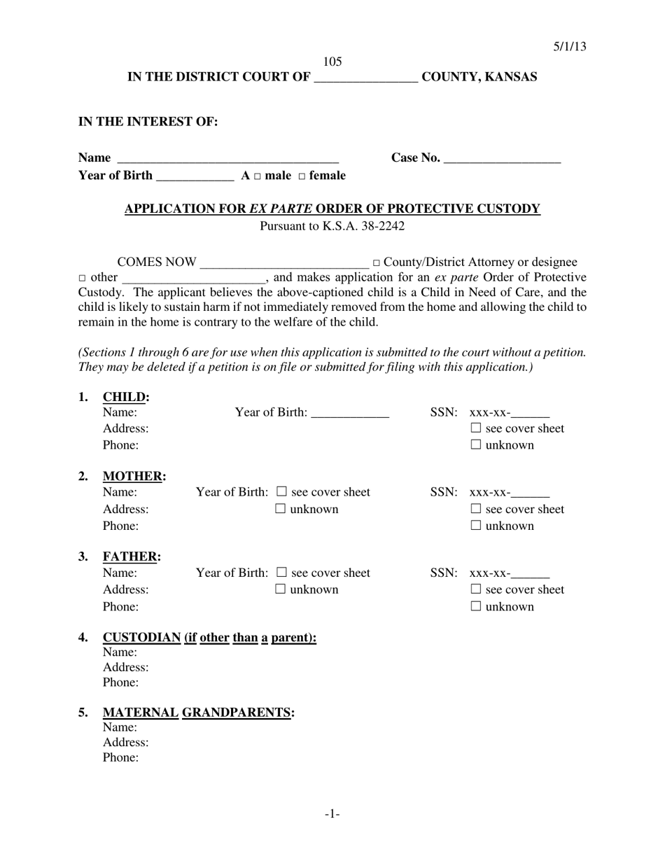 Form 105 Application for Ex Parte Order of Protective Custody - Kansas, Page 1