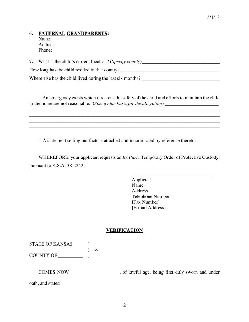 Form 105 Application for Ex Parte Order of Protective Custody - Kansas, Page 2