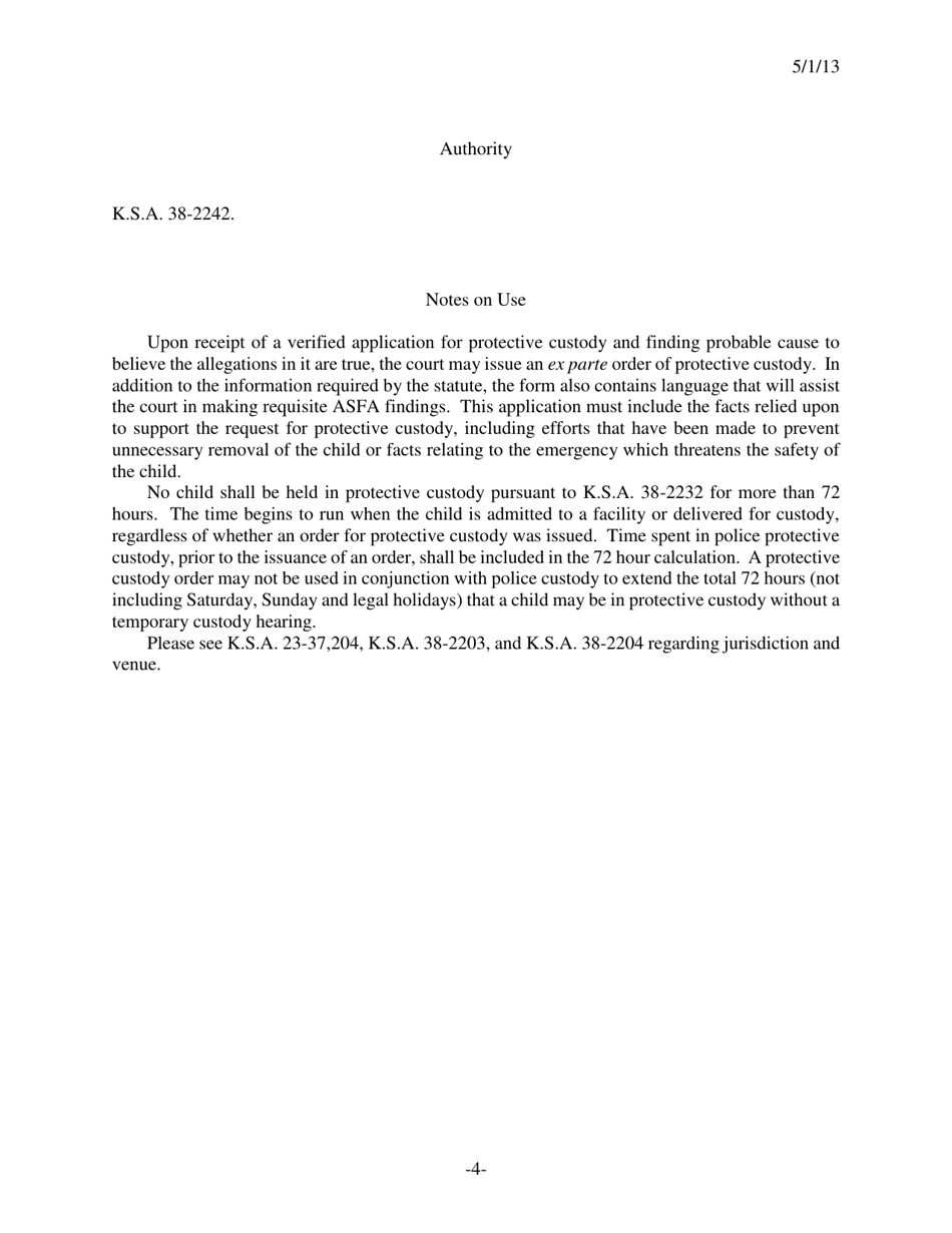 Form 105 Application for Ex Parte Order of Protective Custody - Kansas, Page 4