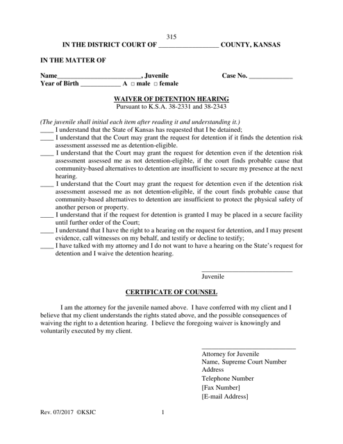 Form 315 Waiver of Detention Hearing - Kansas