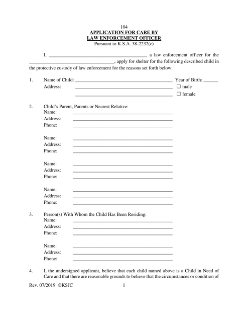 Form 104 Application for Care by Law Enforcement Officer - Kansas