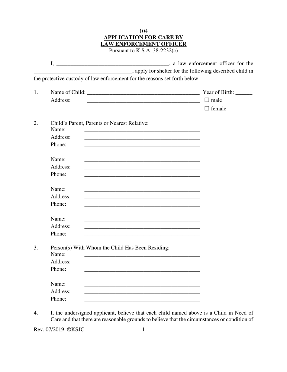 Form 104 Application for Care by Law Enforcement Officer - Kansas, Page 1