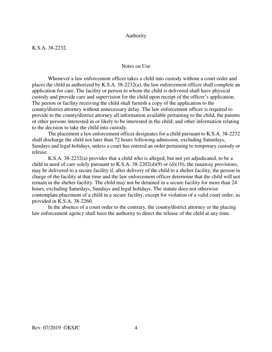 Form 104 Application for Care by Law Enforcement Officer - Kansas, Page 4