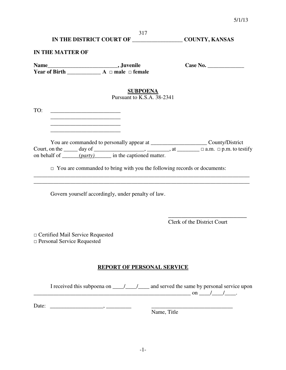 Form 317 Subpoena - Kansas, Page 1