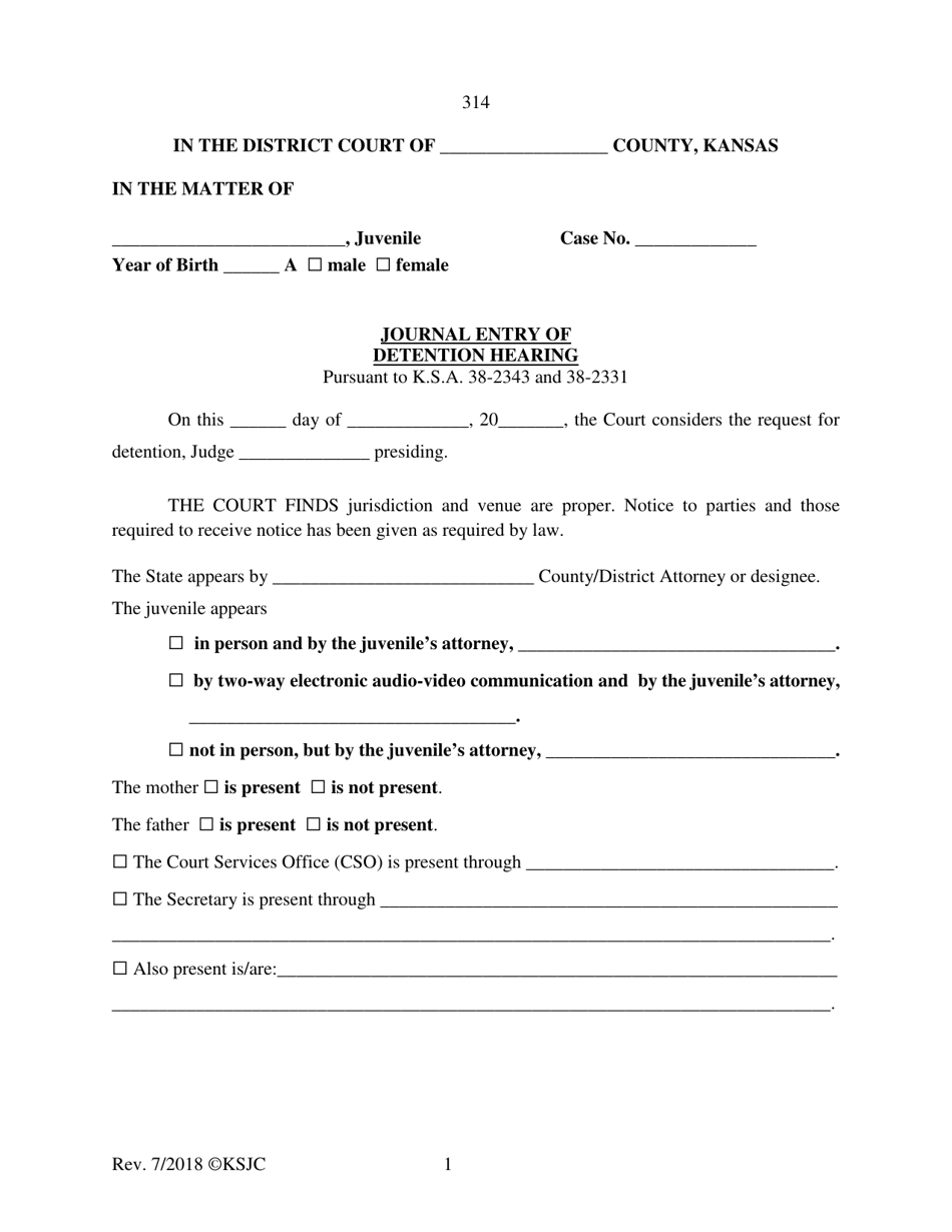 Form 314 - Fill Out, Sign Online and Download Fillable PDF, Kansas ...