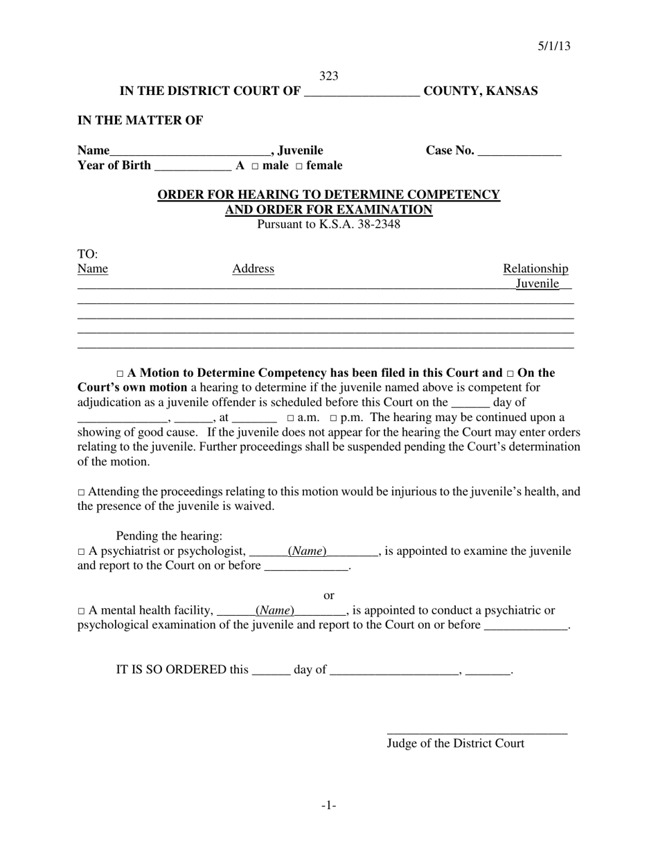 Form 323 Order for Hearing to Determine Competency and Order for Examination - Kansas, Page 1