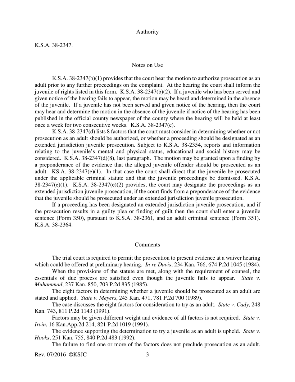 Form 329 Journal Entry of Hearing on Motion to Authorize Prosecution as an Adult - Kansas, Page 3