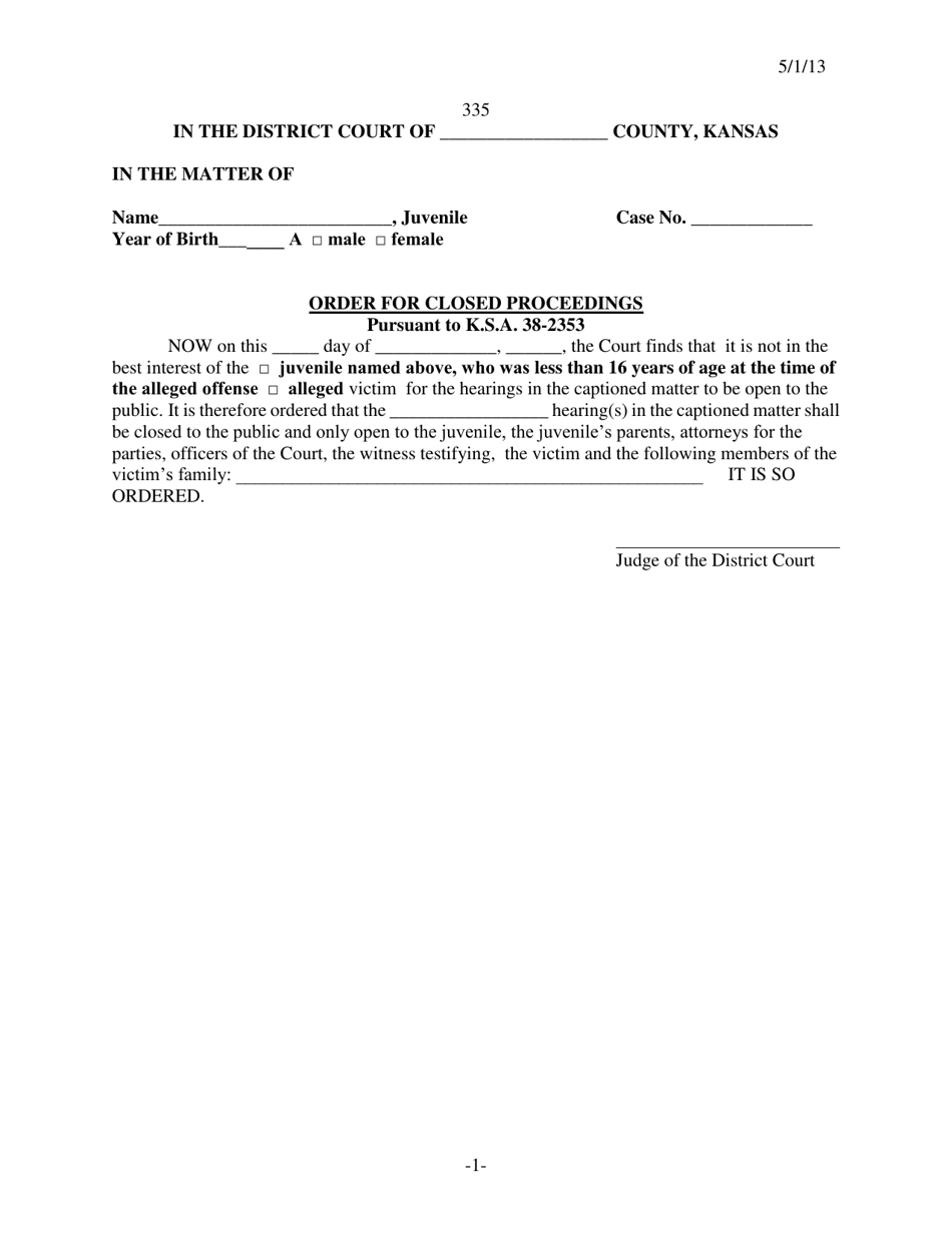 Form 335 Order for Closed Proceedings - Kansas, Page 1