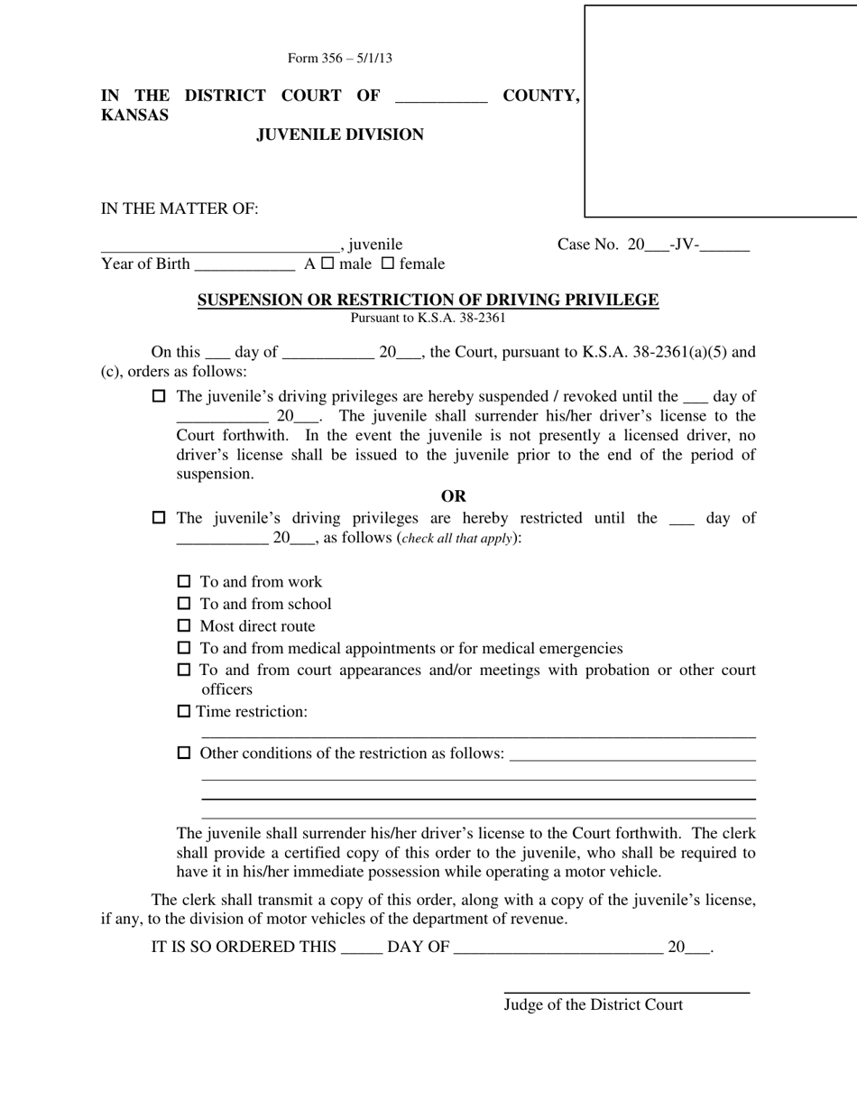 Form 356 Suspension or Restriction of Driving Privilege - Kansas, Page 1