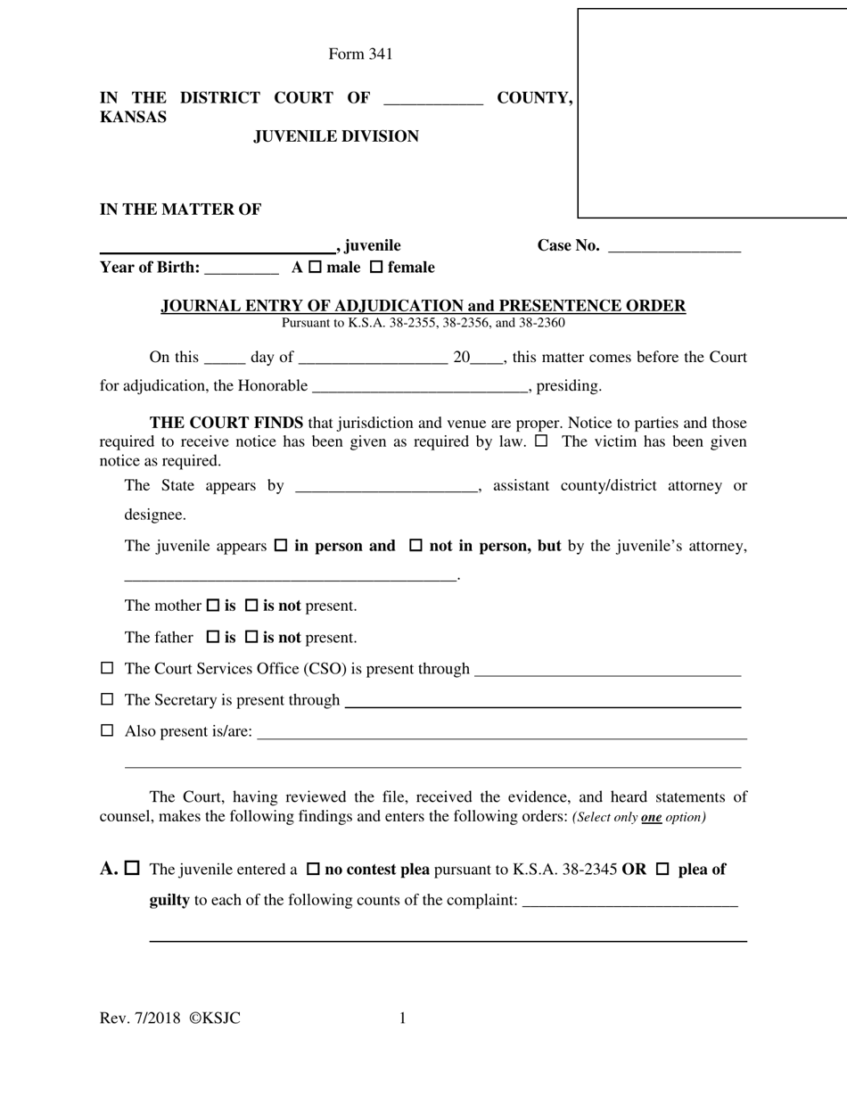 Form 341 Journal Entry of Adjudication and Presentence Order - Kansas, Page 1