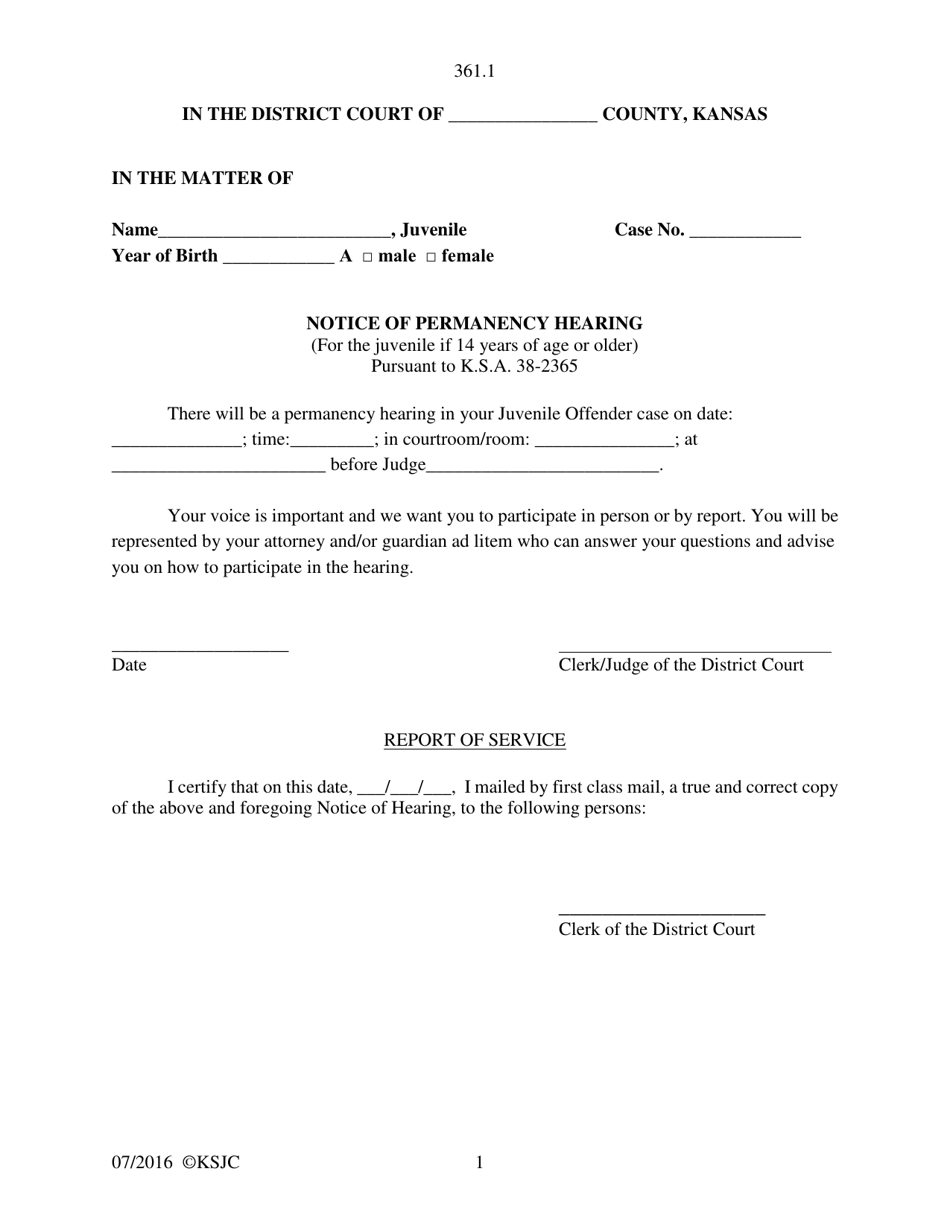 Form 361.1 Notice of Permanency Hearing for Juvenile - Kansas, Page 1