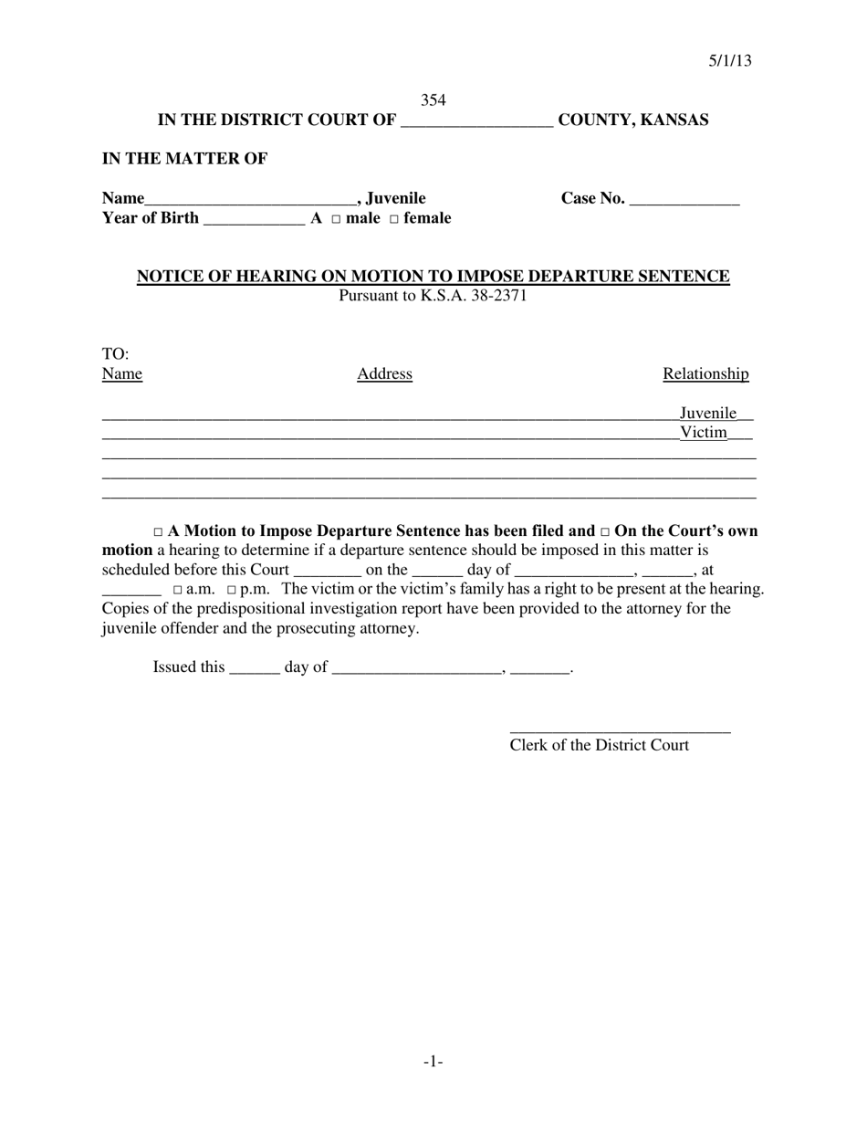 Form 354 Notice of Hearing on Motion to Impose Departure Sentence - Kansas, Page 1