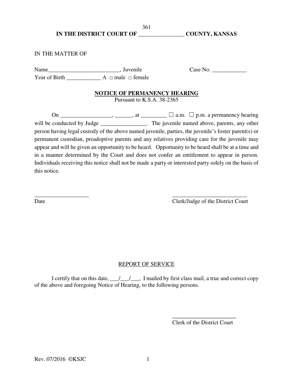 Form 361 Notice of Permanency Hearing - Kansas, Page 1