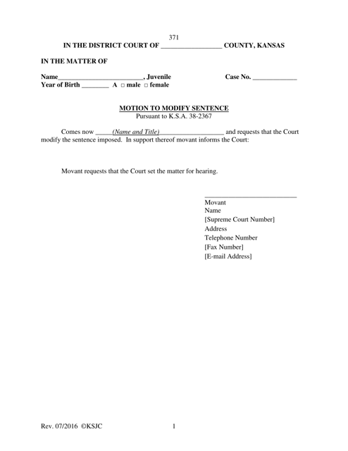 Form 371 Motion to Modify Sentence - Kansas