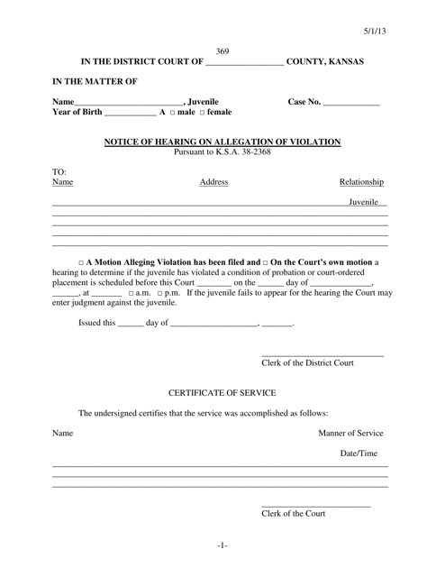 Form 369 Notice of Hearing on Allegation of Violation - Kansas