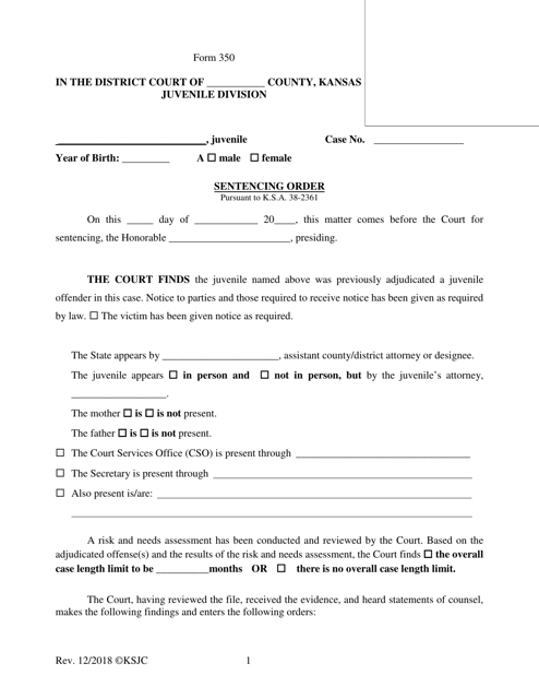 Form 350 Sentencing Order - Kansas