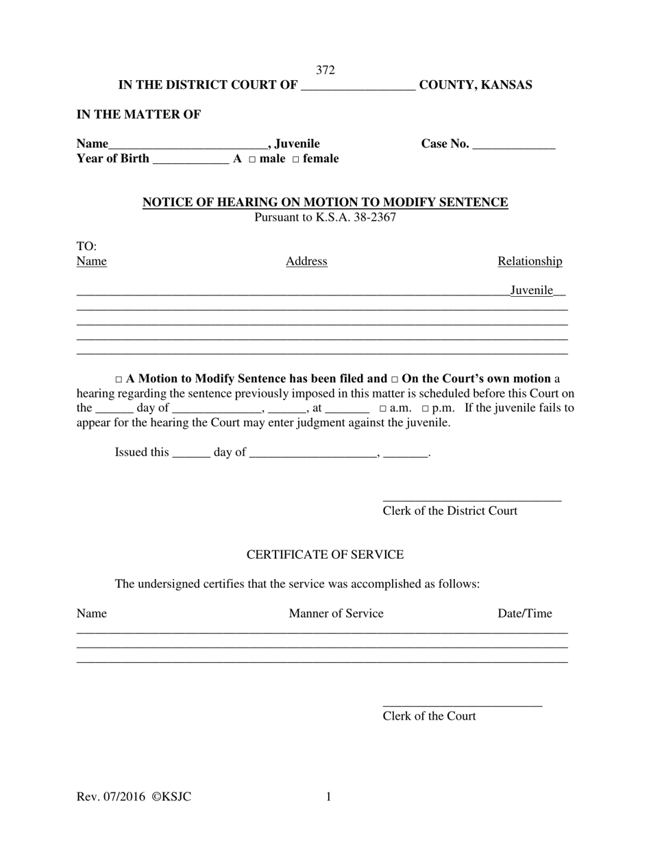 Form 372 Notice of Hearing on Motion to Modify Sentence - Kansas, Page 1