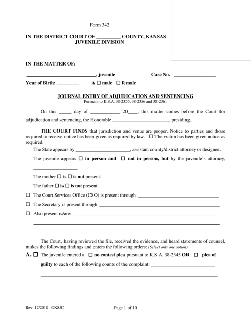Form 342 Journal Entry of Adjudication and Sentencing - Kansas