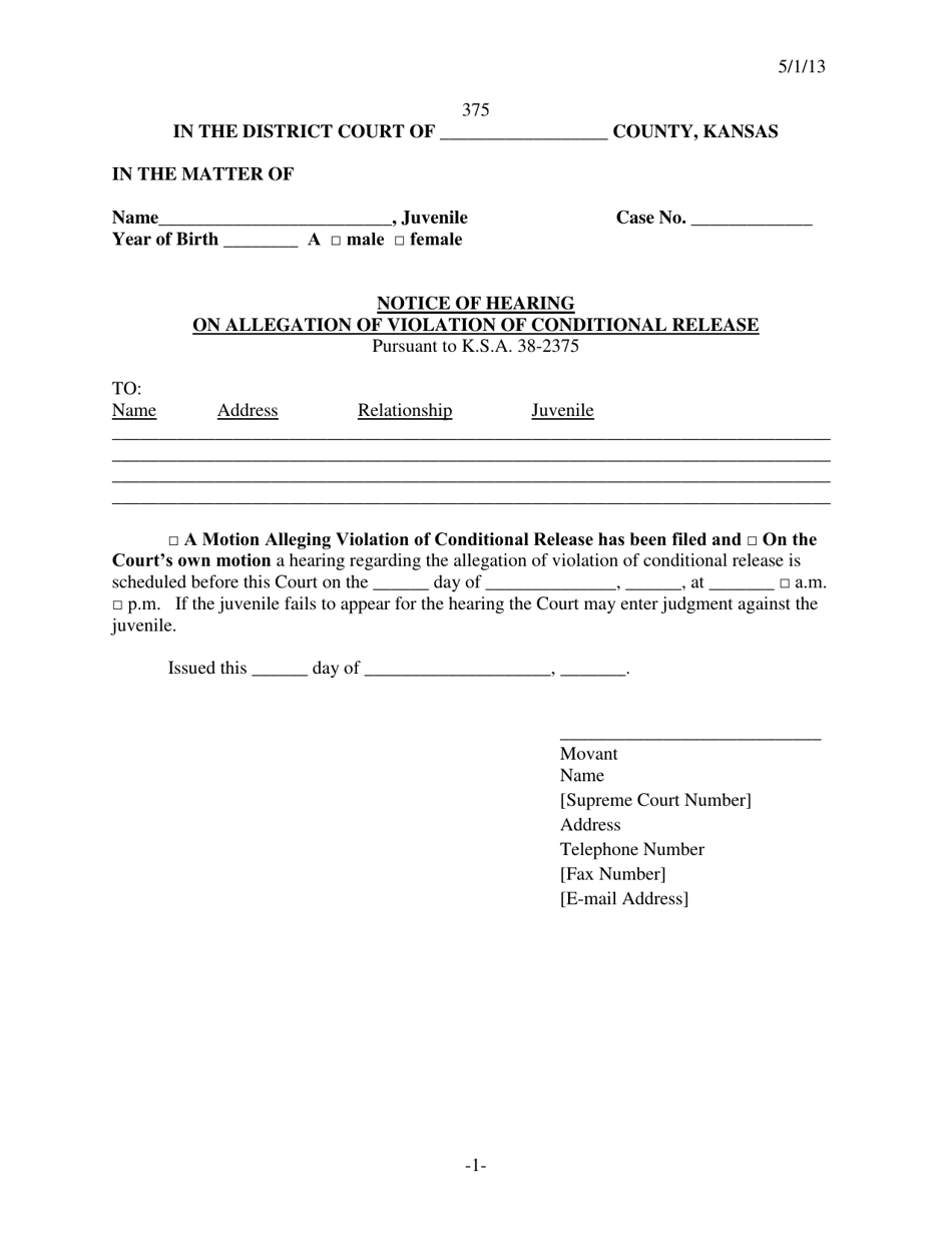 Form 375 Notice of Hearing on Allegation of Violation of Conditional Release - Kansas, Page 1