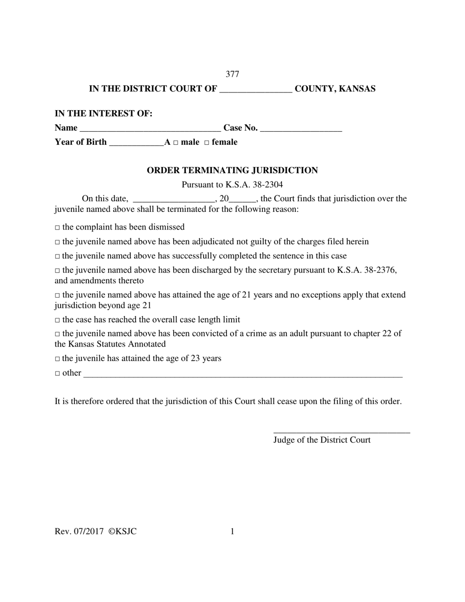 Form 377 Order Terminating Jurisdiction - Kansas, Page 1