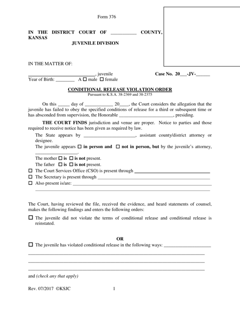 Form 376 Conditional Release Violation Order - Kansas