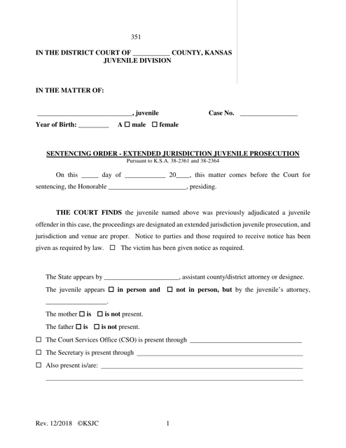 Form 351 Sentencing Order - Extended Jurisdiction Juvenile Prosecution - Kansas