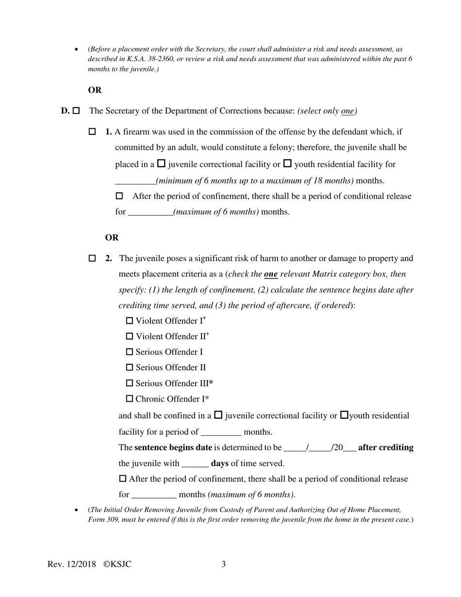 Form 351 Sentencing Order - Extended Jurisdiction Juvenile Prosecution - Kansas, Page 3