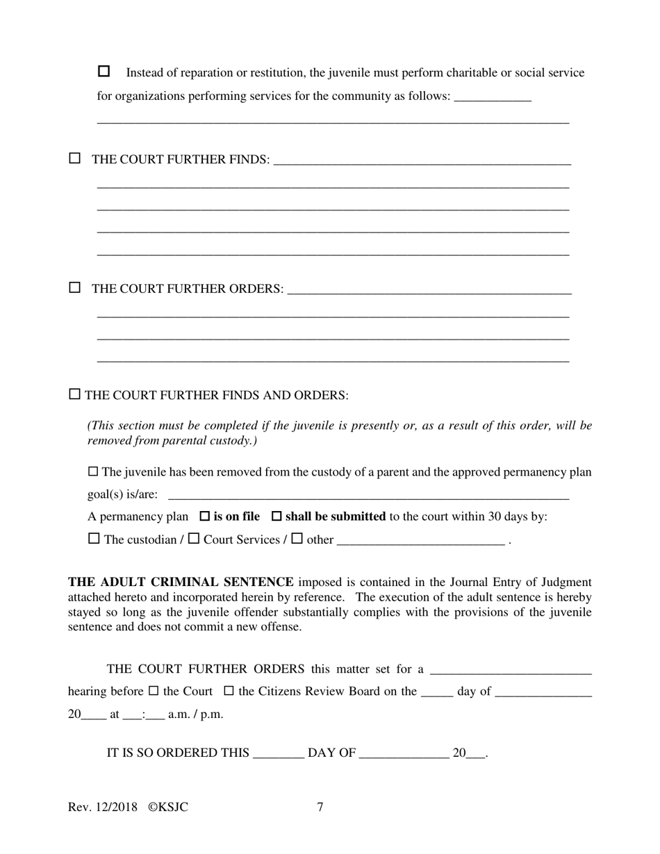 Form 351 Sentencing Order - Extended Jurisdiction Juvenile Prosecution - Kansas, Page 7