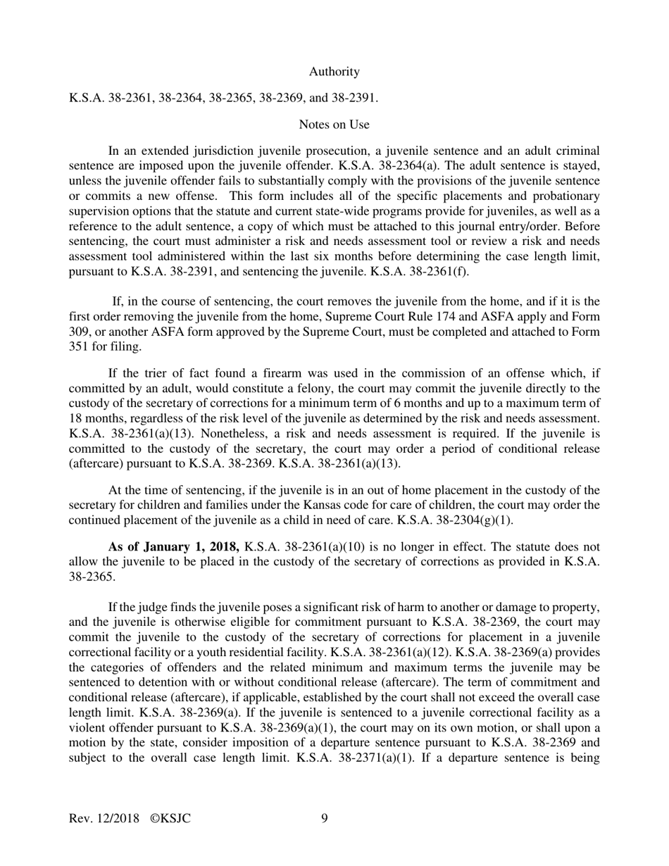 Form 351 Sentencing Order - Extended Jurisdiction Juvenile Prosecution - Kansas, Page 9