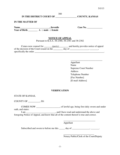 Form 380 Notice of Appeal - Kansas