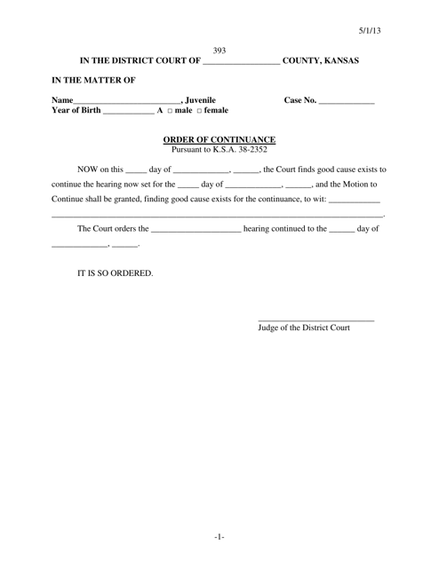 Form 393 Order for Continuance - Kansas