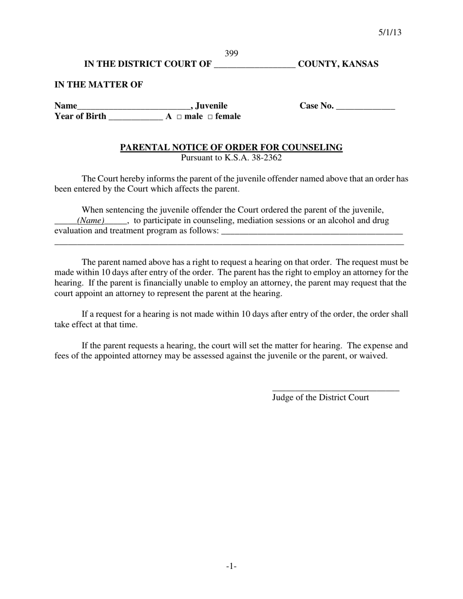 Form 399 Parental Notice of Order for Counseling - Kansas, Page 1