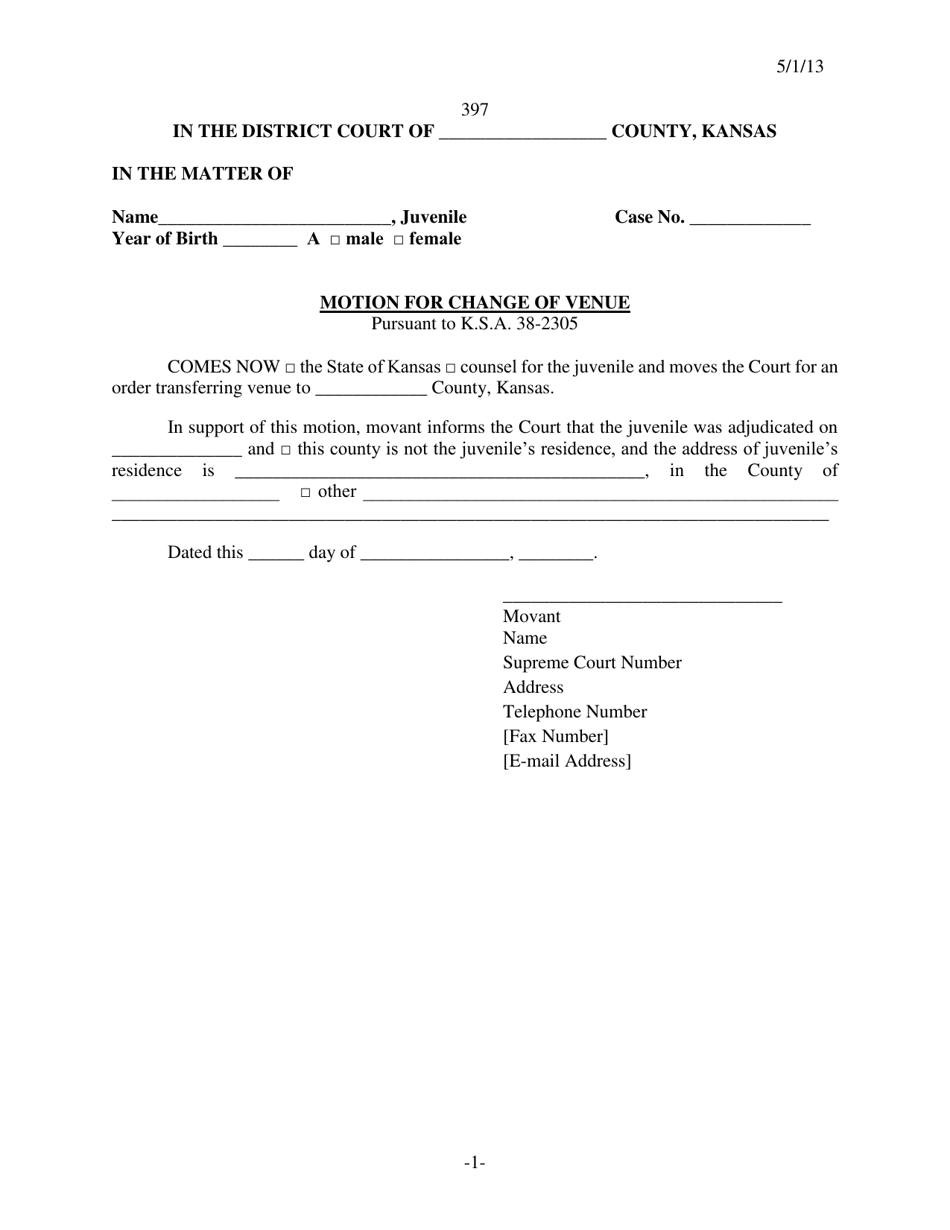 Form 397 Motion for Change of Venue - Kansas, Page 1