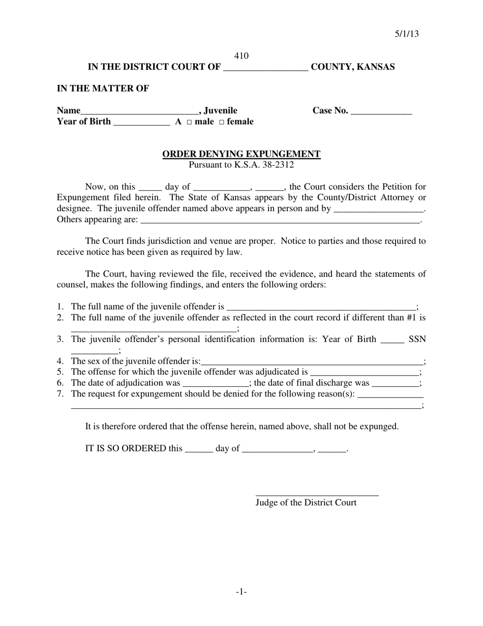 Form 410 Order Denying Expungement - Kansas, Page 1