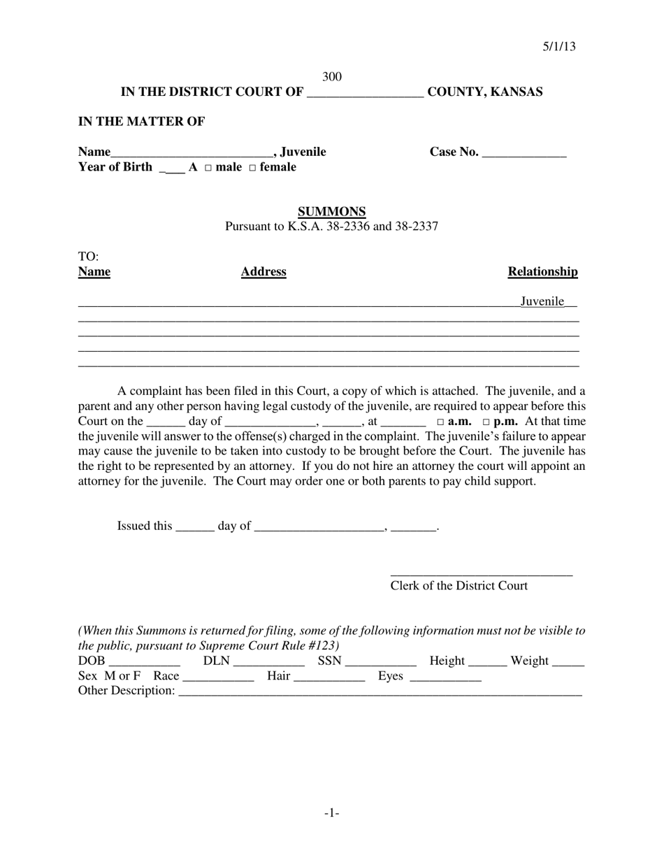 Form 300 Summons - Kansas, Page 1