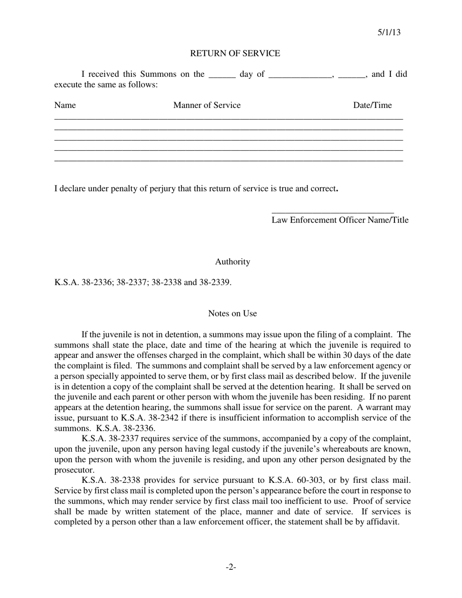 Form 300 Summons - Kansas, Page 2