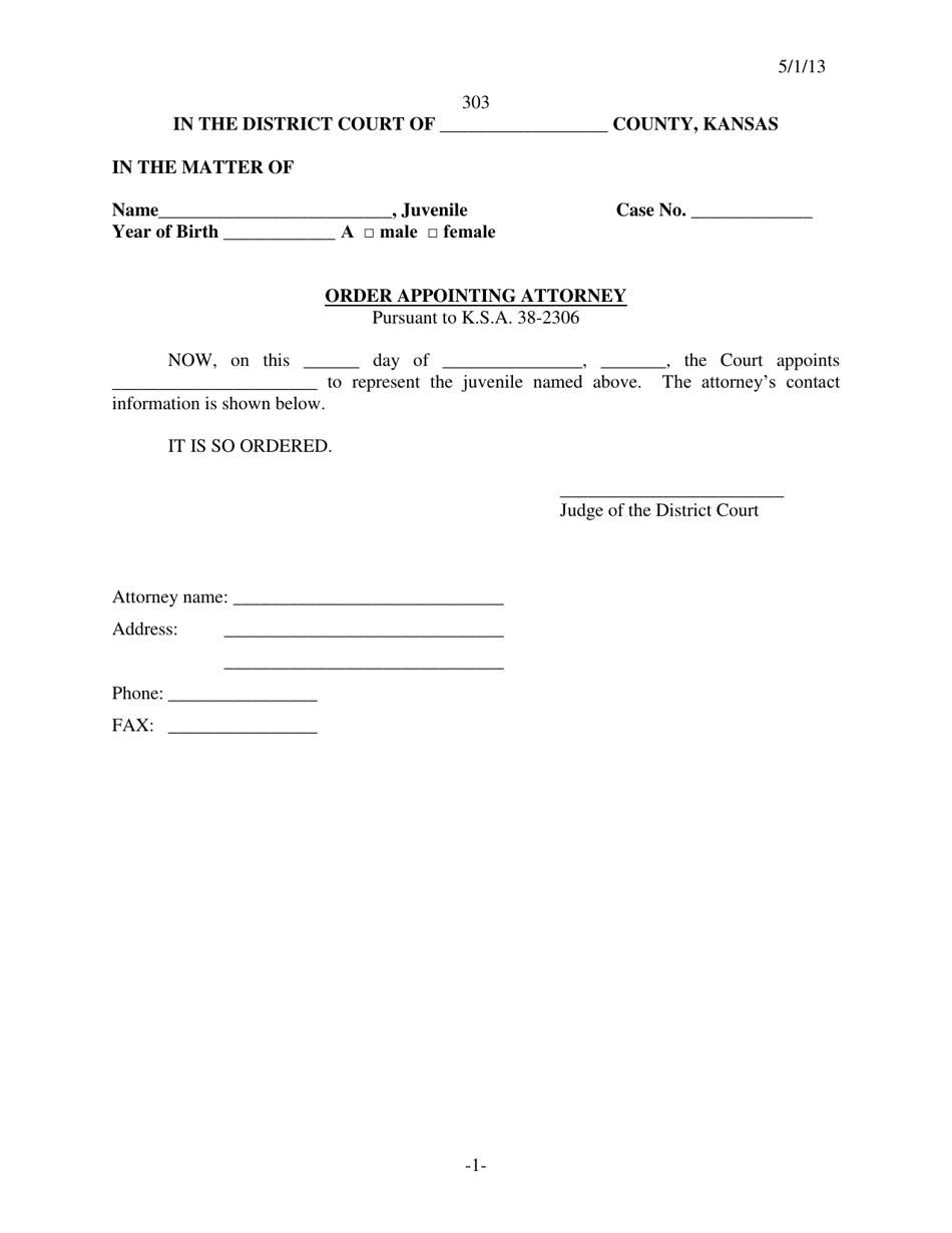 Form 303 Order Appointing Attorney - Kansas, Page 1