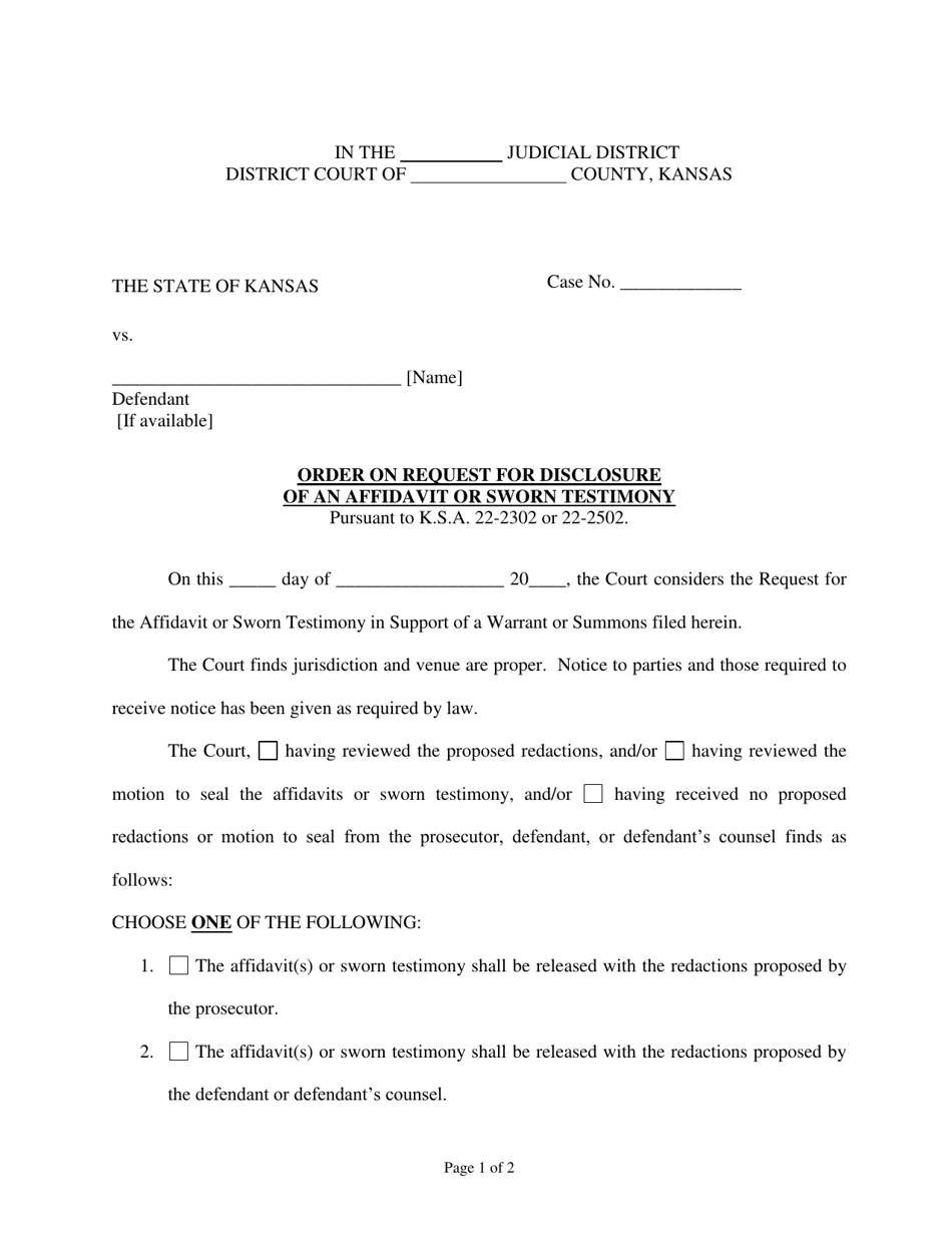 Order on Request for Disclosure of an Affidavit or Sworn Testimony - Kansas, Page 1