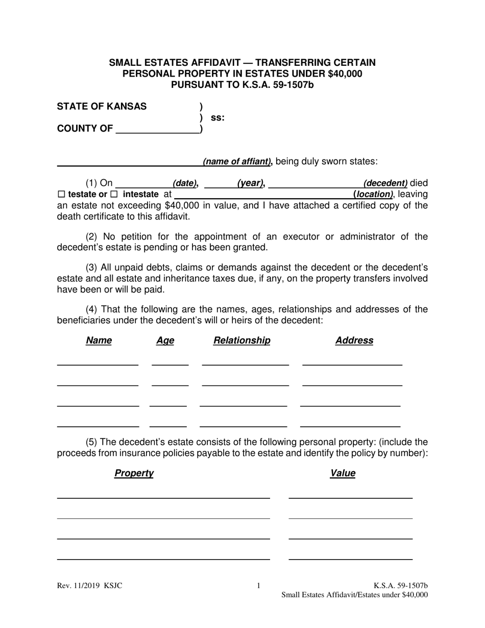 Small Estates Affidavit - Transferring Certain Personal Property in Estates Under $40,000 - Kansas, Page 1