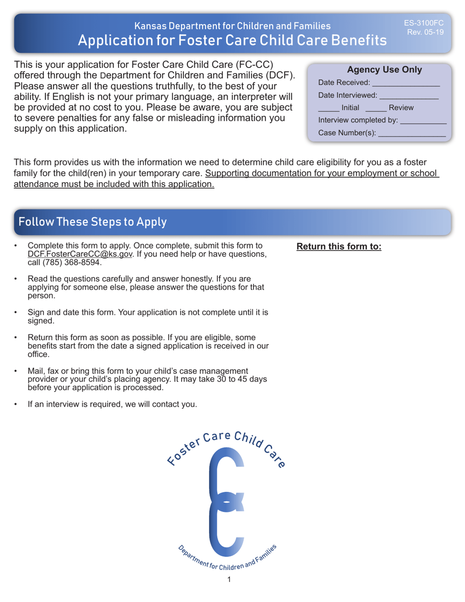 Form ES-3100FC Application for Foster Care Child Care Benefits - Kansas, Page 1