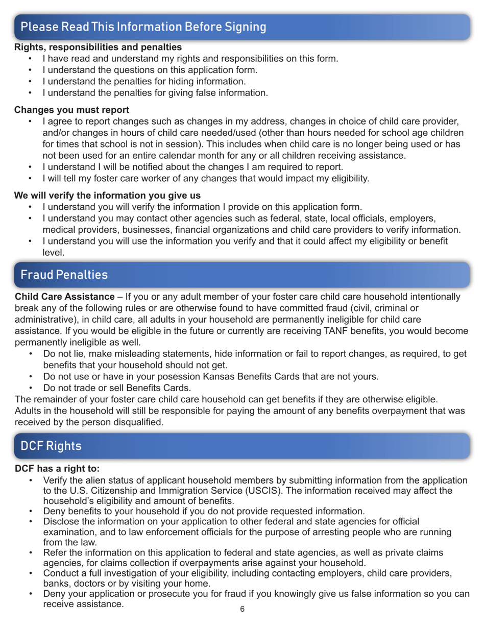 Form ES-3100FC Application for Foster Care Child Care Benefits - Kansas, Page 6