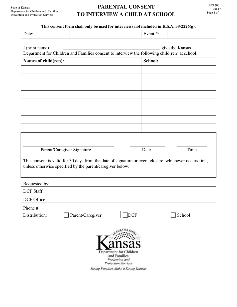 Form PPS2001 Parental Consent to Interview a Child at School - Kansas, Page 1