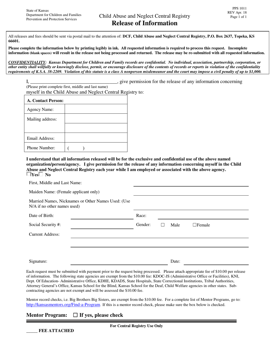 Form PPS1011 Central Registry Release of Information - Kansas, Page 1
